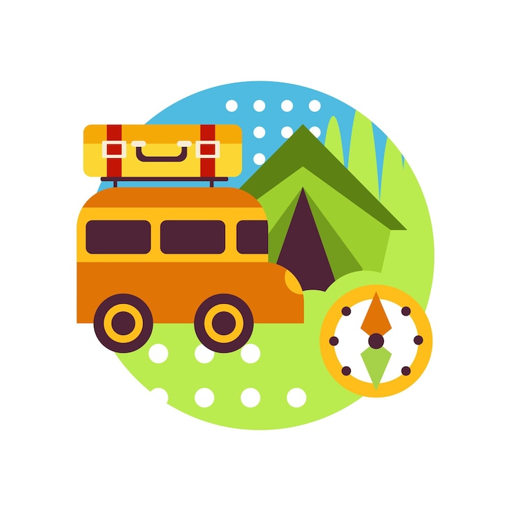 Vettore paesaggio creativo con furgone, tenda e bussola nel cerchio del logo, segno di viaggio e campeggio, elemento di design per emblema o distintivo vettoriale illustrazione isolato su sfondo bianco.