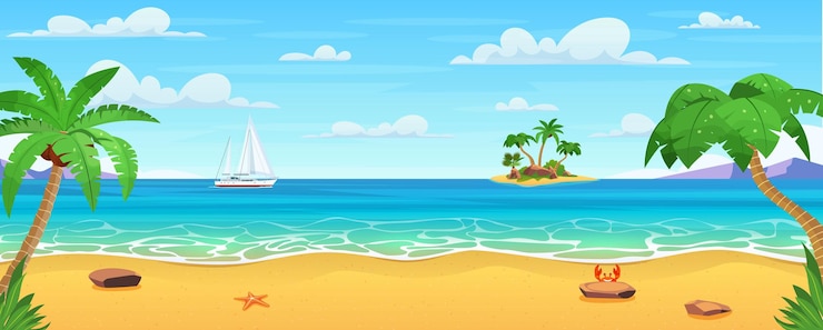 Vettore paesaggio del mare. spiaggia tropicale, mare oceano.