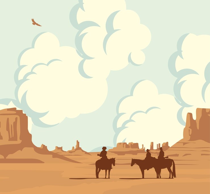 Vettore paesaggio del selvaggio west con cowboy