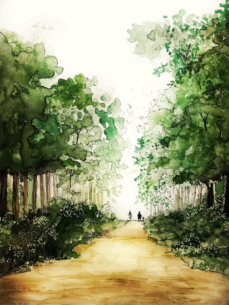 Paesaggio dell'acquerello con priorità bassa disegnata a mano della natura astratta degli alberi