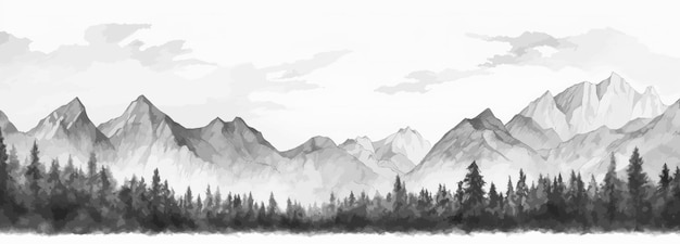Paesaggio della catena montuosa disegnato a mano Panorama con montagne rocciose skyline Illustrazione vettoriale