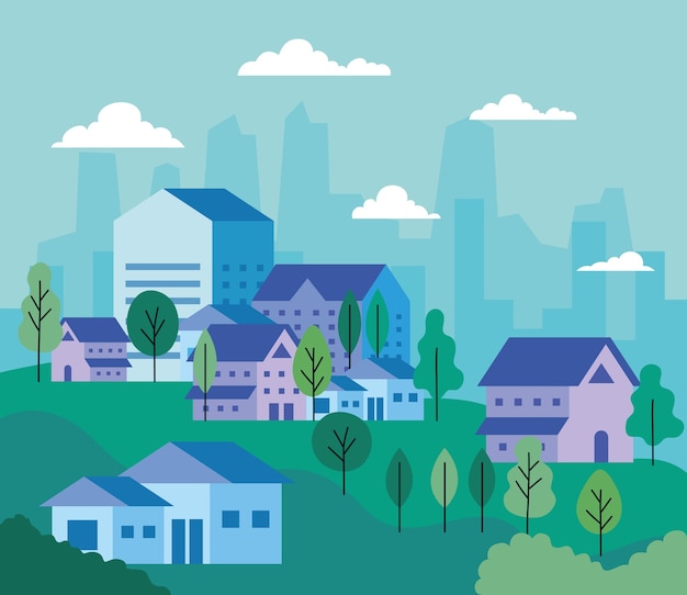 Paesaggio della città con case alberi e nuvole design, architettura e tema urbano