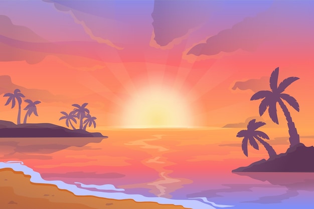Paesaggio della spiaggia al tramonto Scena di cartoni animati con alba sulla costa del mare con sagome di palme Sfondo vettoriale