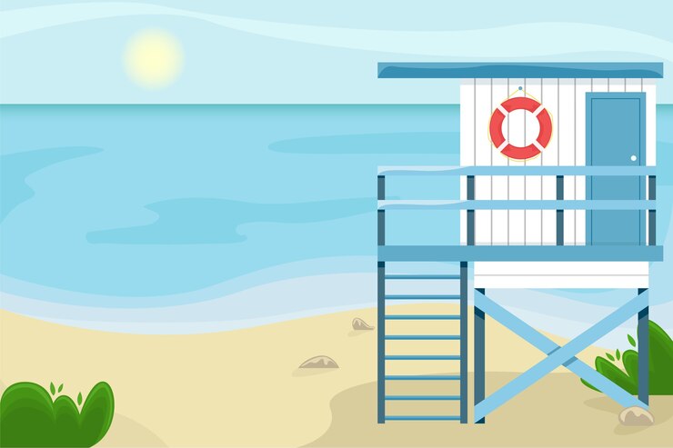 Vettore paesaggio della spiaggia con una casa del bagnino.