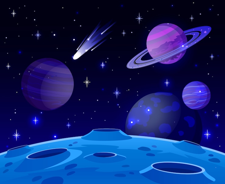 Vettore paesaggio dello spazio del fumetto con il pianeta cosmico