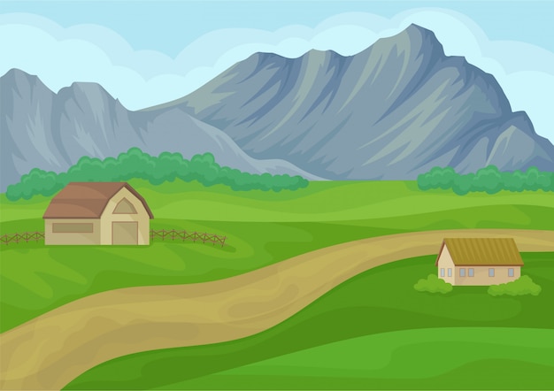 Paesaggio di campagna con casetta e fienile, strada a terra, prati verdi e grandi montagne grigie.