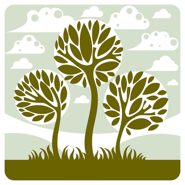 Vettore paesaggio di fantasia con albero stilizzato, scena pacifica. illustrazione vettoriale del tema della stagione, immagine dell'idea di ecologia.