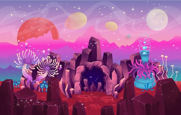 Paesaggio di fantasia con una grotta magica di piante e funghi.