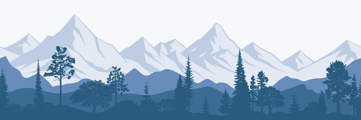 Vettore paesaggio di montagna con illustrazione vettoriale della nebbia mattutina della foresta a confine panoramico senza cuciture