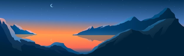 Paesaggio di montagna, luna splendente sul lago di montagna notturno - Illustrazione vettoriale