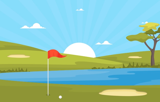 Paesaggio di sport all'aperto dell'albero di erba dello stagno della bandiera del campo da golf