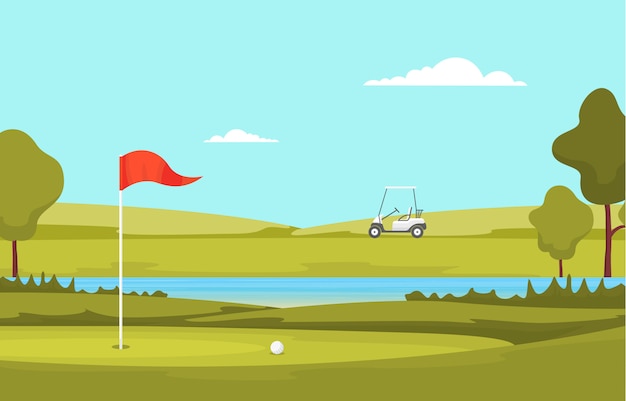 Paesaggio di sport all'aperto dell'albero di erba dello stagno della bandiera del campo da golf