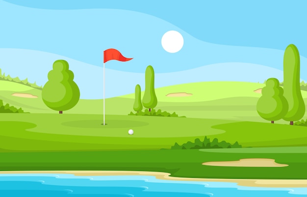 Paesaggio di sport all'aperto dell'albero di erba dello stagno della bandiera del campo da golf