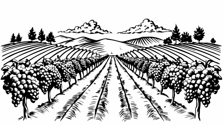 Vettore paesaggio di vigna d'epoca con viti e colline in illustrazione in bianco e nero