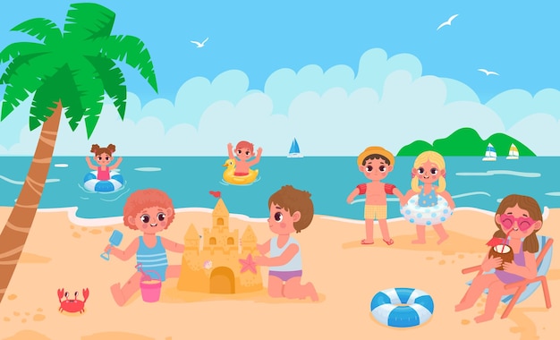 Paesaggio estivo da spiaggia con bambini che giocano a giocattoli