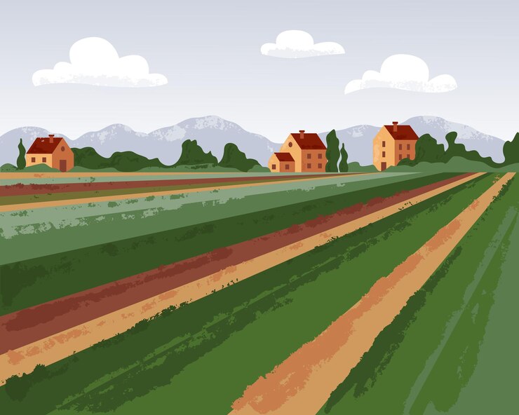 Vettore paesaggio estivo rurale campagna con colline e villaggio campo agricolo illustrazione vettoriale