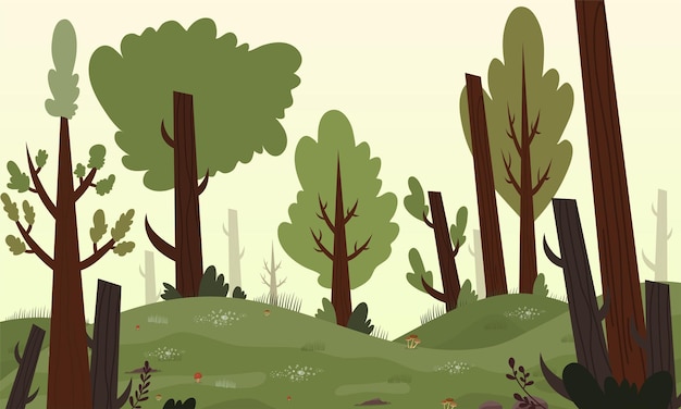 Paesaggio forestale con alberi ed erba. Illustrazione vettoriale in stile piatto.