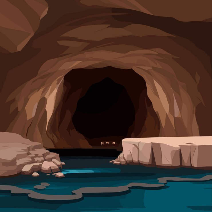 Vettore paesaggio forestale di natura vettoriale a scena notturna con illustrazione di grotta