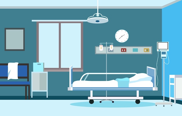 Paesaggio interno della sala di ricovero dell'ospedale con letto e attrezzature mediche sanitarie