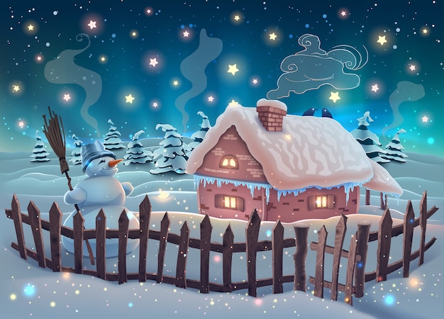 Paesaggio invernale notturno con alberi di Natale, casa, pupazzo di neve sul cielo stellato
