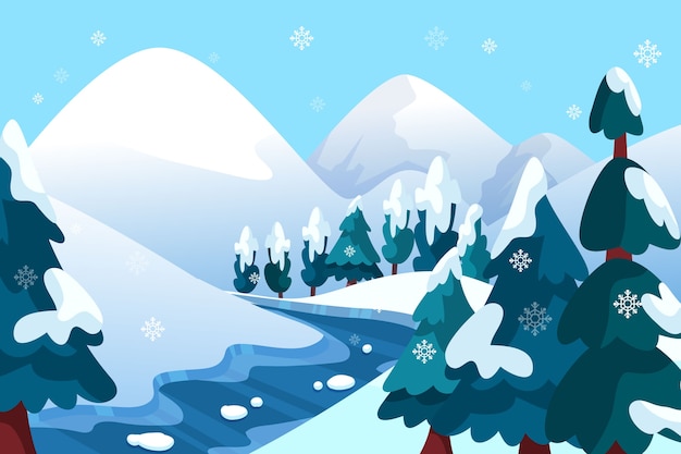 Paesaggio invernale piatto disegnato a mano