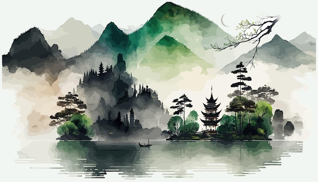 Paesaggio lacustre e montano in stile cinese sfondo in stile giapponese minimalista orientale tradizionale Illustrazione vettoriale