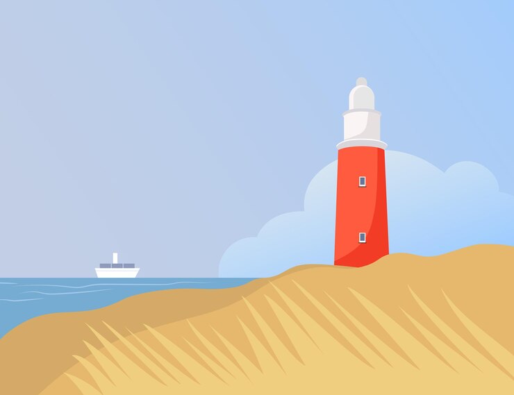 Vettore paesaggio marino con nave e faro rosso illustrazione vettoriale