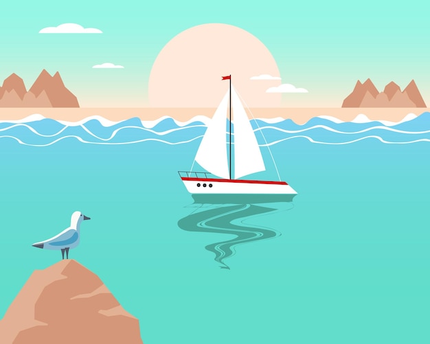 Paesaggio marino dell'illustrazione di estate con le montagne bianche del gabbiano dell'yacht al tramonto o all'alba