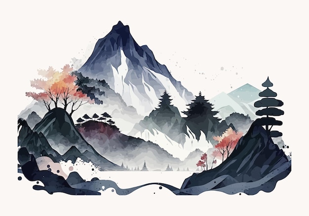 Paesaggio montano con lago e foresta Illustrazione vettoriale disegnata a mano