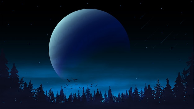Paesaggio notturno con un grande pianeta all'orizzonte e la sagoma di una pineta. Paesaggio spaziale blu notte