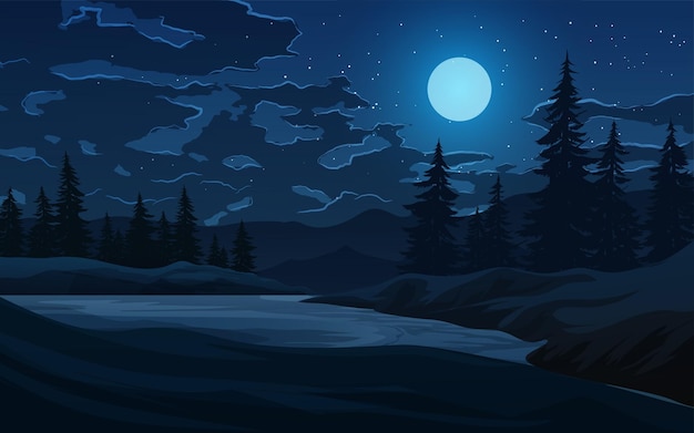Paesaggio notturno di conifere con luna e stelle