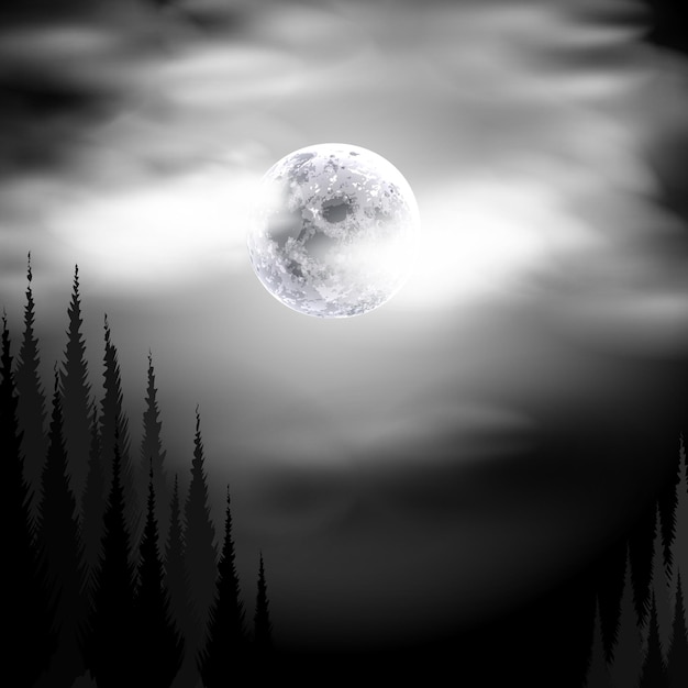Paesaggio notturno La luna è tra le nuvole di notte Illustrazione vettoriale