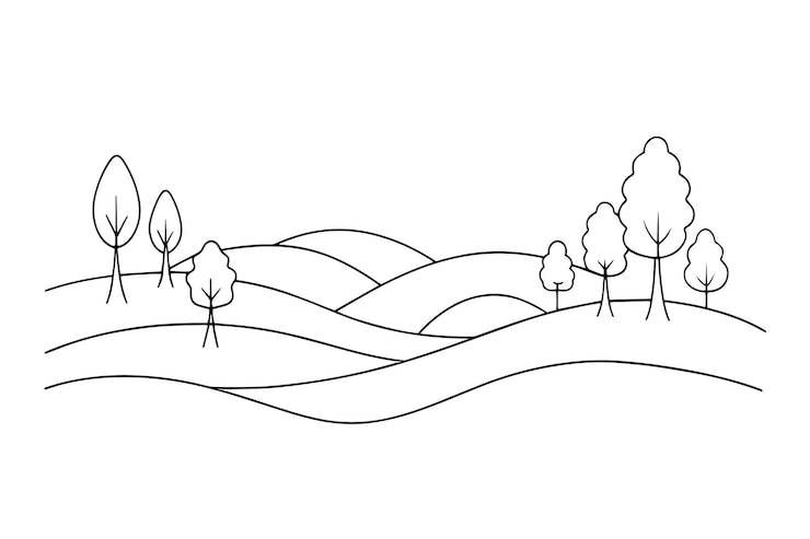 Vettore paesaggio panoramico con alberi e colline ondulate in una bella linea di disegno con vettore