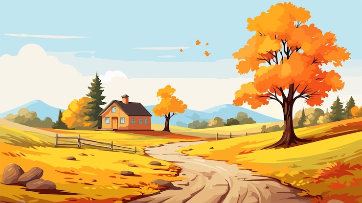 Vettore paesaggio panoramico di un vivace giorno d'autunno sullo sfondo con alberi gialli