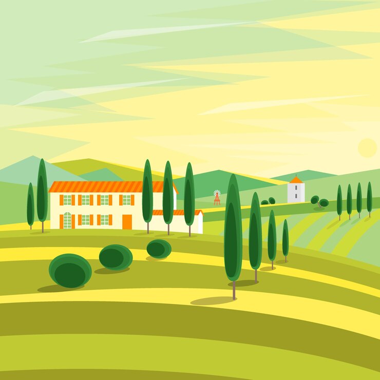 Paesaggio rurale della Toscana con le case.