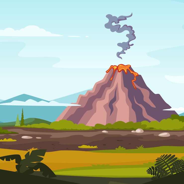 Vettore paesaggio selvaggio con vulcano e lava. vulcano eruzione paesaggio natura