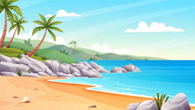 Vettore paesaggio tropicale della spiaggia con le palme e le rocce sull'illustrazione del fumetto della spiaggia