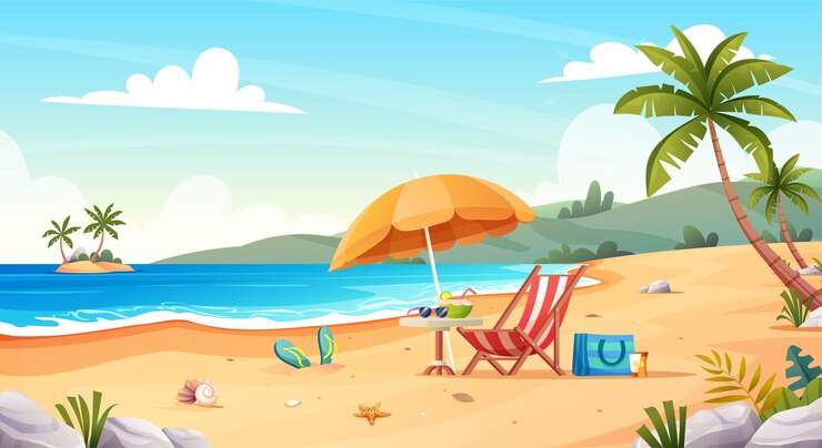 Vettore paesaggio tropicale della spiaggia con sedia a sdraio e ombrellone in riva al mare cartone animato per le vacanze estive