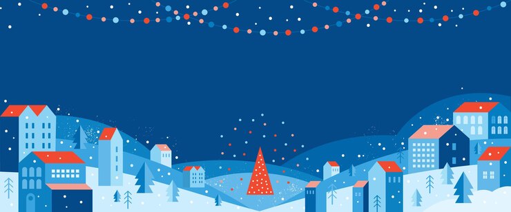 Paesaggio urbano in uno stile piatto minimale geometrico. Città invernale di Natale tra cumuli di neve, neve che cade, alberi e ghirlande festive