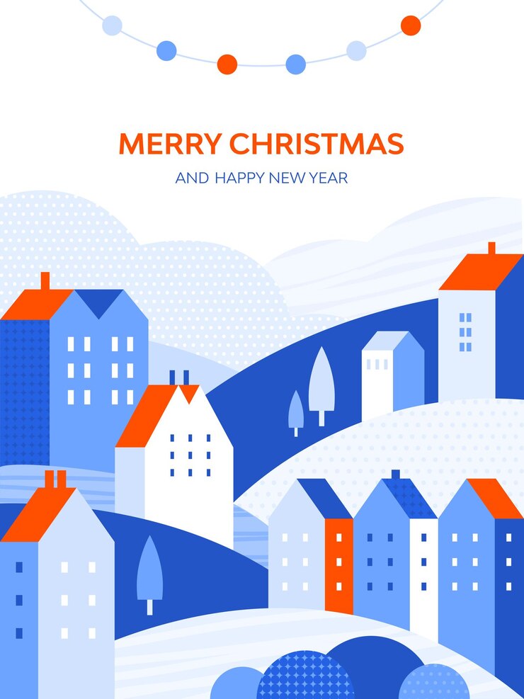 Paesaggio urbano invernale in stile geometrico minimale Case edifici città colline cumuli di neve e alberi Panorama città innevata Buon Natale e felice anno nuovo cartolina poster con testo di congratulazioni