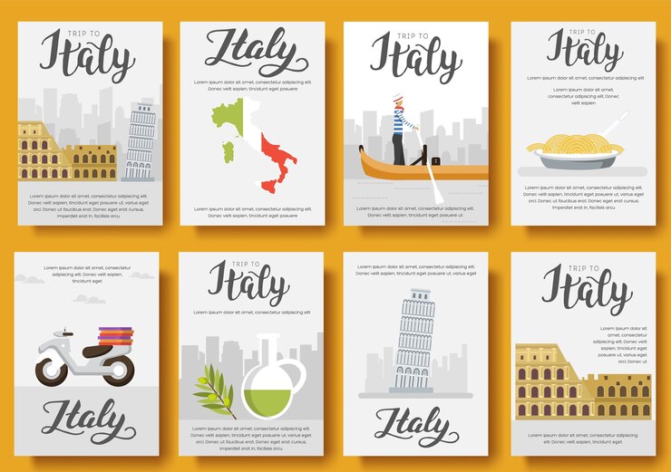 Vettore paese italia guida alle vacanze di viaggio. insieme di architettura, moda, persone, oggetti, contorno della natura.