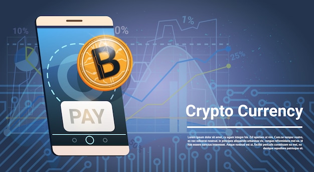 Paga il bottone sul concetto moderno dei soldi di valuta di Digital Crypto di valuta dorata dell&#39;icona di Bitcoin dello Smart Phone