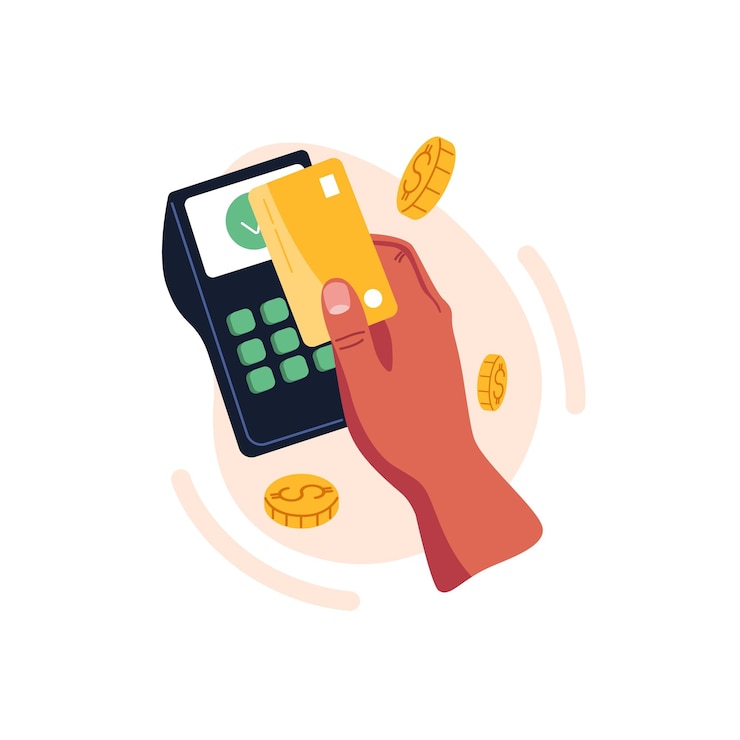 Vettore pagamento a mano con carta di plastica bancaria utilizzando il terminale pos cliente durante il pagamento con tecnologia senza contanti senza fili elettronica senza contatto illustrazione vettoriale piatta isolata su sfondo bianco