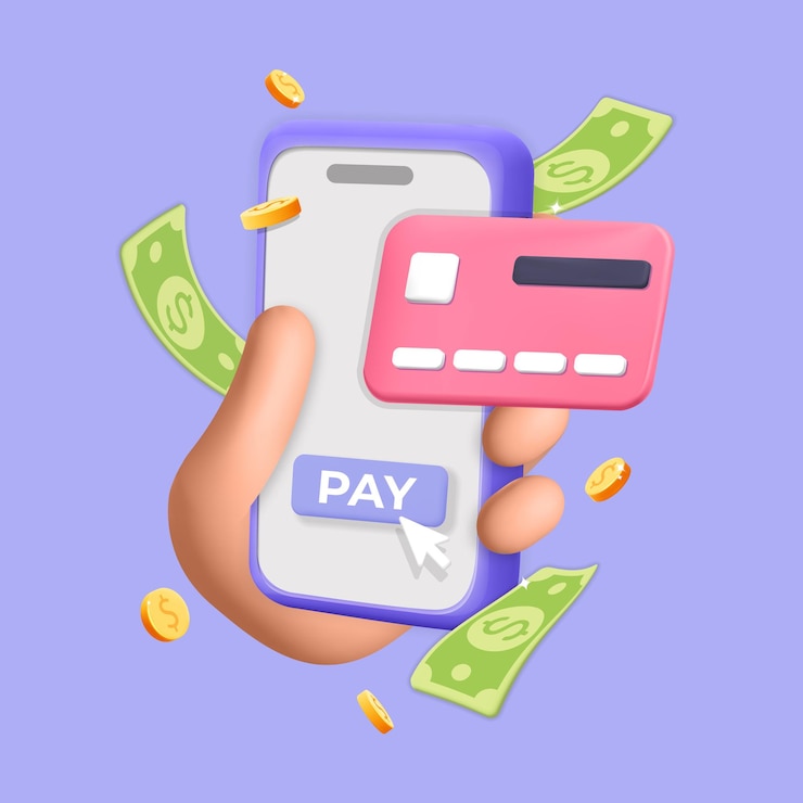 Vettore pagamento a mano vettoriale 3d online con app mobile su smartphone con design banner di carte di credito