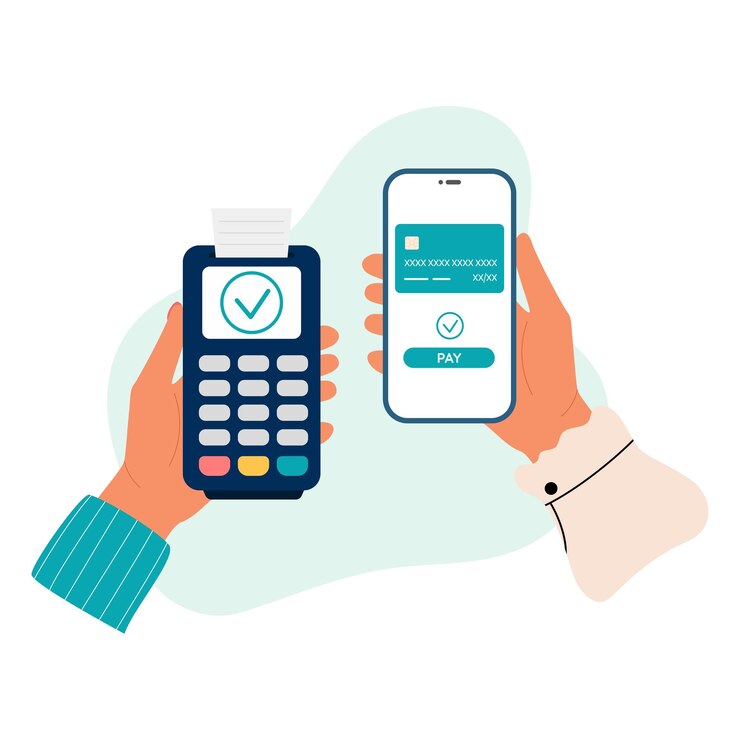 Vettore pagamento con carta tramite terminale postale pagamento mobile femmina tiene il telefono con le informazioni di pagamento vectorxa