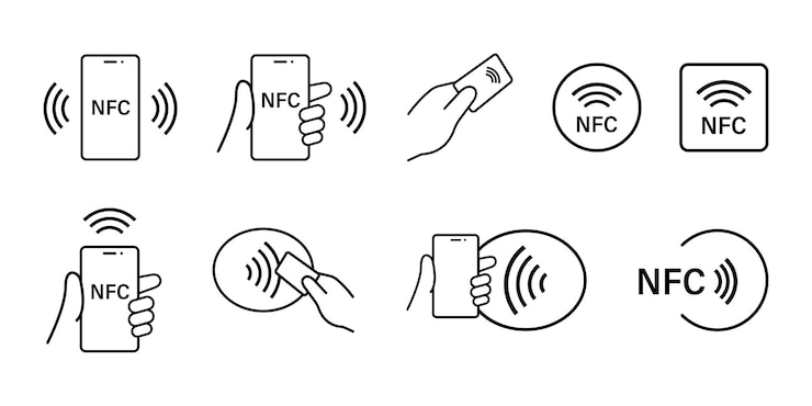 Vettore pagamento nfc con icone impostate per smartphone. collezione di icone di tecnologia nfc. segno di pagamento nfc senza contatto. vettore di riserva. eps 10
