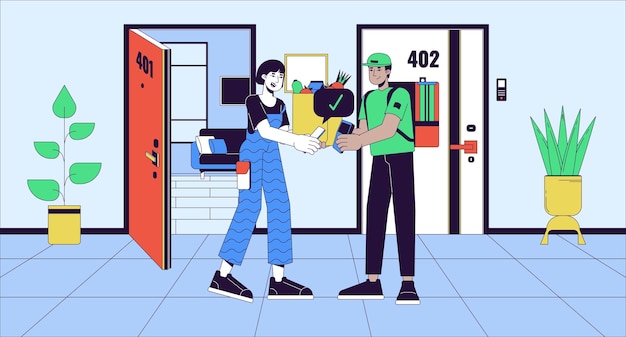 pagamento NFC per la consegna a domicilio di generi alimentari illustrazione piatta di cartone animato