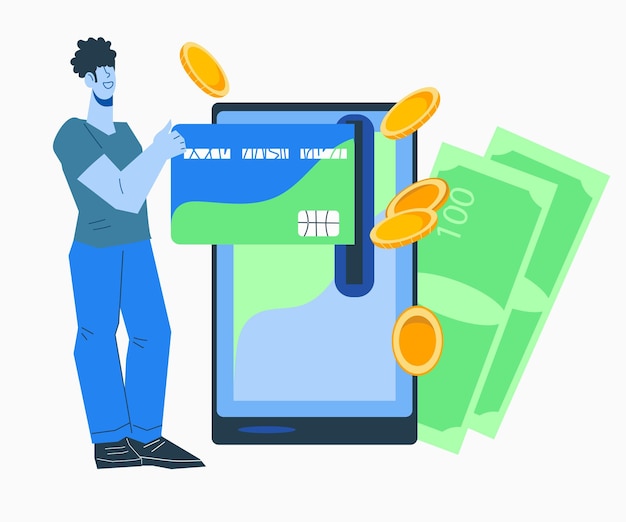 Pagamento online con carta di pagamento e transazione facile Cashback e illustrazione vettoriale piatta del commercio elettronico isolata su sfondo bianco