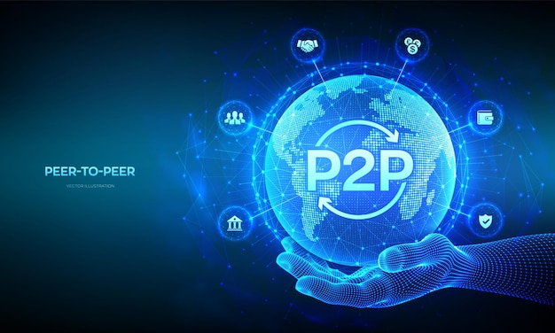 Pagamento peer-to-peer P2P e modello online per il supporto o il trasferimento di denaro Concetto tecnologico PeerToPeer Composizione della linea di punti della mappa del mondo Globo del pianeta Terra in mano a telaio vettoriale
