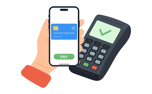 pagamento senza contatto con tecnologia NFC con smartphone e carta di credito virtuale al terminale POS